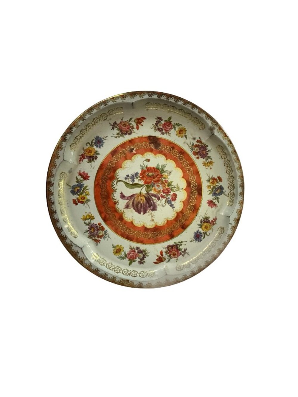 Vintage Daher Floral Metal Serving Tray 12.5” Round Orange Gold Decorative Engla